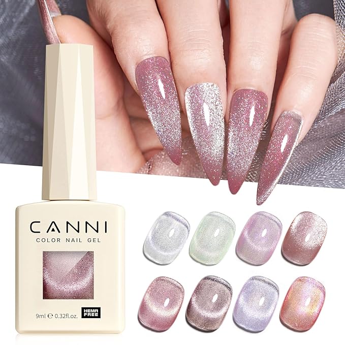 CANNI 8 Pcs 9 ML Cat Eye Gel Nail Polish Set, Pink Green Purple Silver Glitter Rainbow Holographic Cat Eye Gel Polish Kit with Magnet Shimmer Colors Nail Art Manicure Salon DIY Gifts
