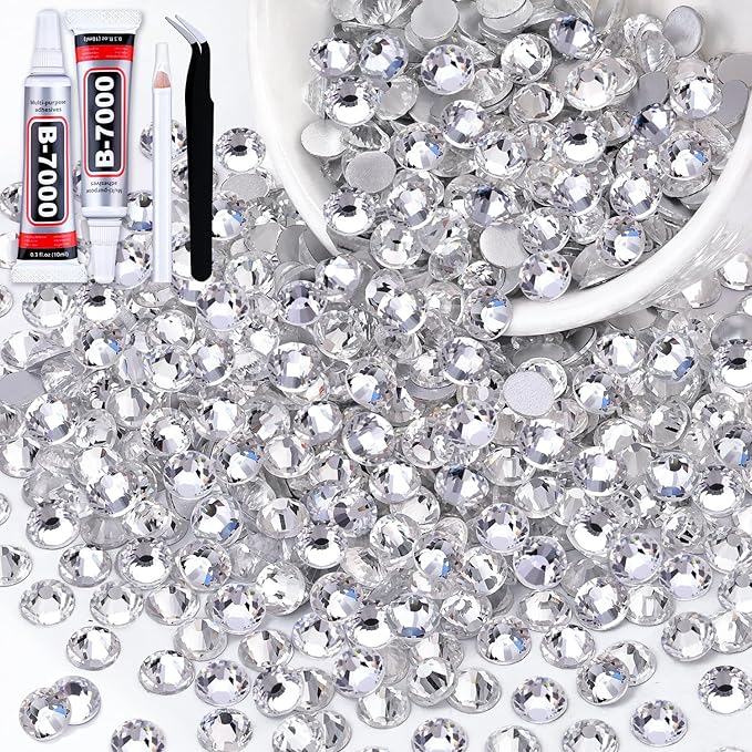 600PCS SS30/6mm Crystal Rhinestones (Clear) with 2Pcs 10ml B7000 Jewelry Glue, Bedazzling Flatback Glass Rhinestones for Crafting Decor, Gems Diomand Charms for Tumbler Shoes Clothing Mugs Nail Art