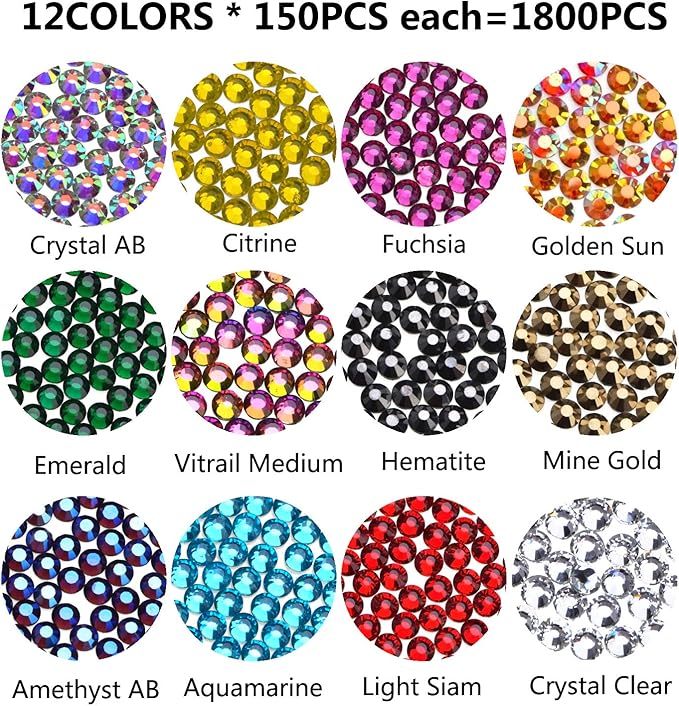 1800Pcs Hot Fix Glass Flatback Rhinestones HotFix Round Crystal Gems 5MM (12 Mixed Colors, 5mm SS20)