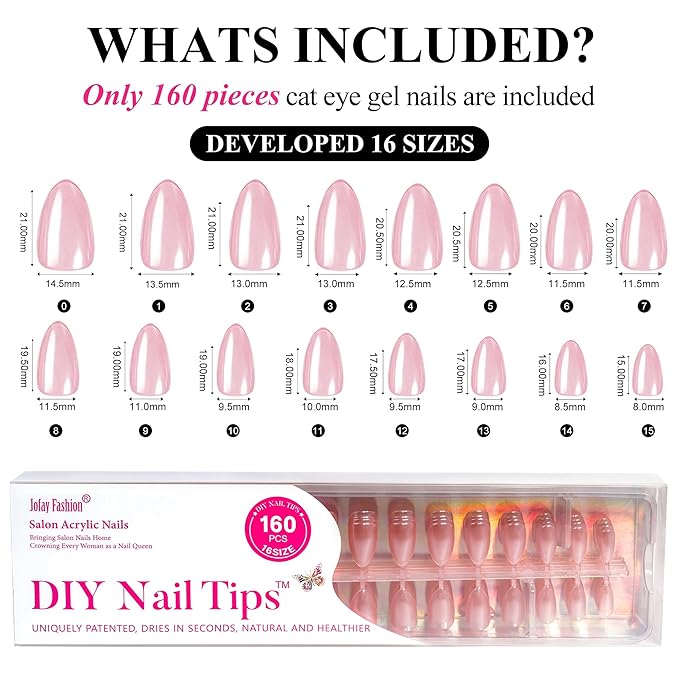 Press On Nails - Short Almond Nails, 160Pcs Acrylic Nails, Fake Nail Tips for DIY Nail Art, Soft Gel Nails, Pink, 16 Size