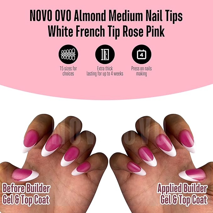 NOVO OVO White French Tip Almond Nail Tips Press on ROSE PINK, Extra Thick Medium Soft Gel Fake Nail Acrylic Extension, Need Builder Gel Top Coat, No Glue Included, for Salon DIY x 15 Sizes 240 pcs
