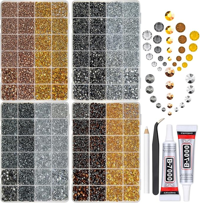 8 Color 2-6mm Golden Silver Copper Resin Rhinestones w B7000 Jewelry Glue for Bedazzling Crafting Flatback Stones Gems Diamonds for Nails Face Eyes Makeup Tumblers Bottles DIY Crafts Clothes