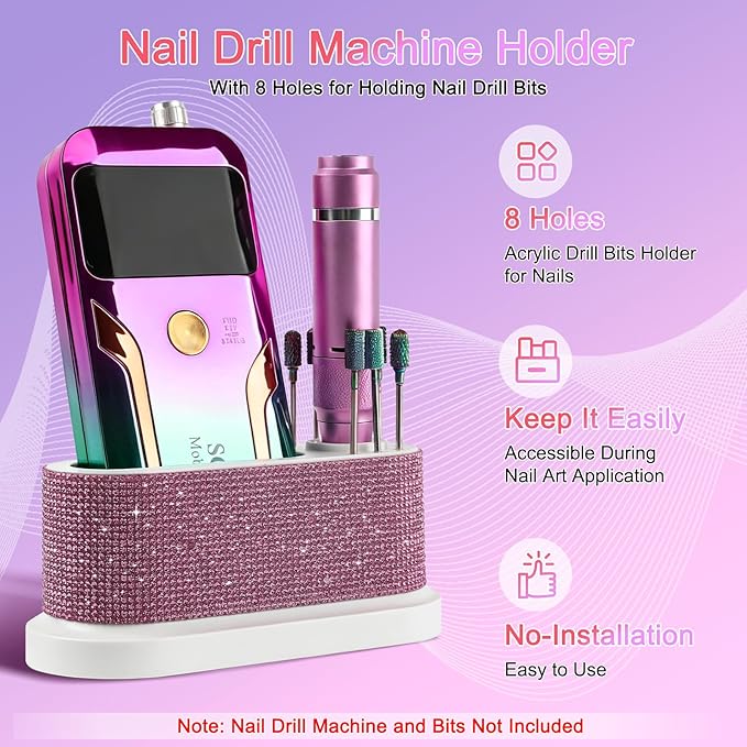 ANGNYA Nail Drill Machine Holder with Pink Rhinestones, 8 Holes Nail Drill Bit Holder, Nail Efile Stand and Organizer Storage Box Case