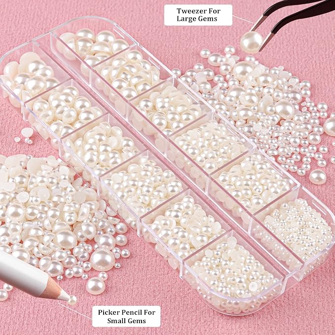 Belleboost Flat Back Pearls Kits 2 Boxes of Flatback Beige Half Round Pearls with Pickup Pencil and Tweezer for Home DIY and Professional Nail Art, Face Makeup and Craft