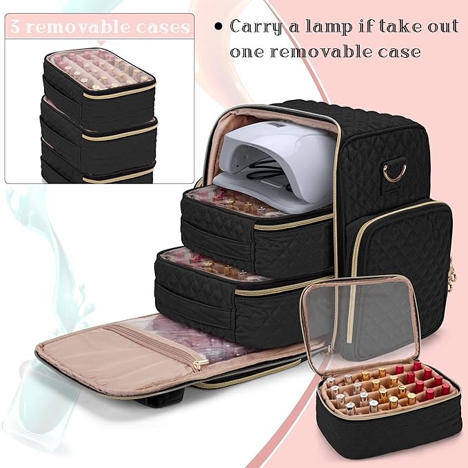 LUXJA Nail Polish Organizer Holds 72 Bottles, Nail Polish Case with 3 Removable Bags and Tools Storage Pockets (Patent Pending), Black