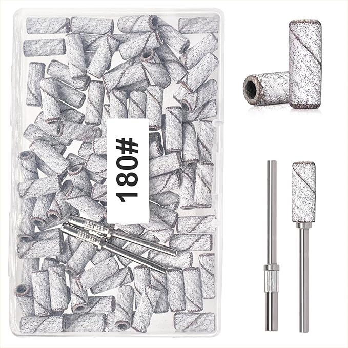 Small Sanding Bands for Nail Drill, 100pcs Mini Bands 180 Fine Grit Nail File Sanding Bands with Upgrade 2pcs 3/32'' Mandrels Bits, for Acrylic Nail Gel Removal, Plastic Polishing Manicure, White