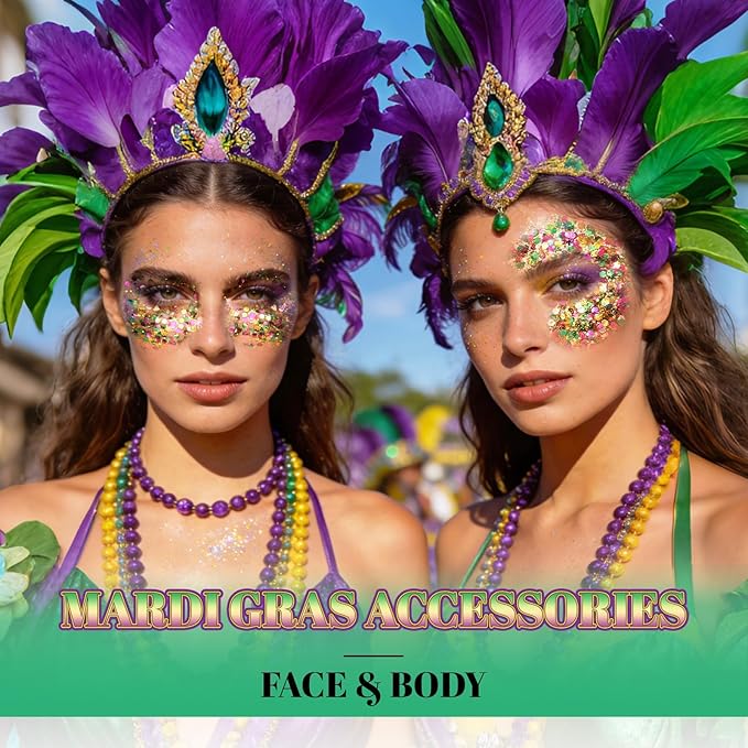 DAGEDA Mardi Gras Body Glitter Gel, Green Gold Purple Face Hair Glitter Carnival Accessories, Chunky Glitters for Mardi Gras Outfit Accessories,Laser Powder Hair Sparkles Festival Sequins Makeup