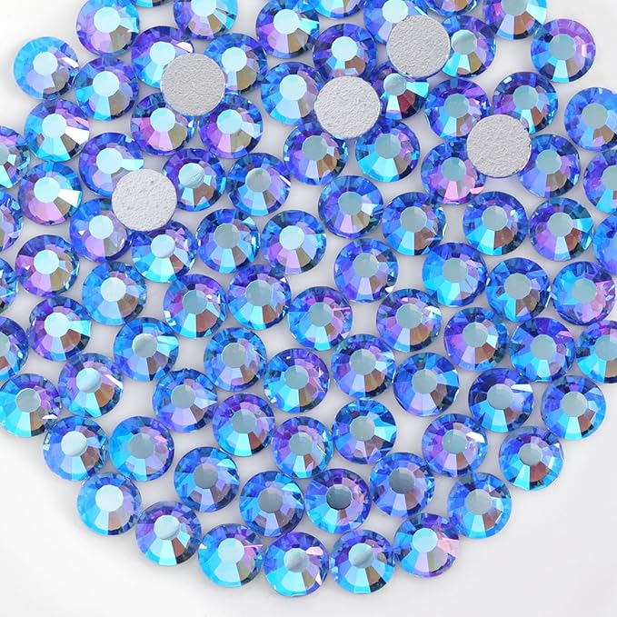 Beadsland 1440pcs Flat Back Crystal Rhinestones Round Gems for Nail Art and Craft Glue Fix, Light Sapphire AB, SS12, 3.0-3.2mm