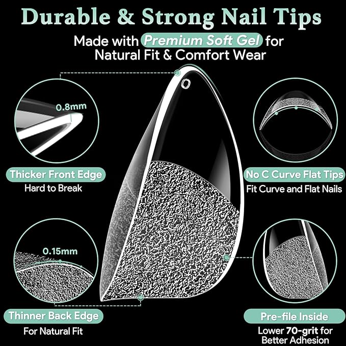Extra Short Almond Nail Tips - 216pcs Soft Gel Full Cover Fake Nails, 70-Grit Pre-Sanded Matte Clear Press on Nails for Extension, DIY Home Manicure with 12 Sizes