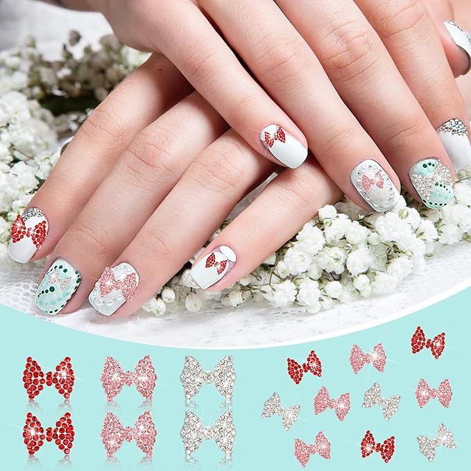 Maitys 24 Pieces Nail Bows Charms Rhinestones 3D Charms Alloy Pearl Bow Knot Accessory for Valentine's Day Women DIY Xmas Salon Jewelry Craft(Red, Gold, Rose Red)