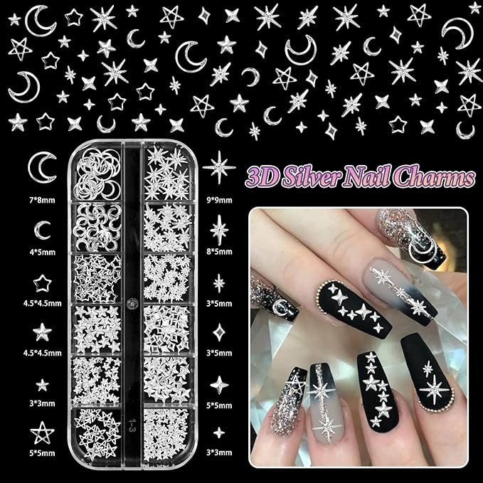 Silver Alloy Cross Star Nail Charms, Silver Metal Nail Beads, White Flatback Pearls, 3D Star Moon Heart Bow Butterfly Nails Studs, Mixed Sizes Caviar Beads and Pearls for Nail Art Accessories DIY