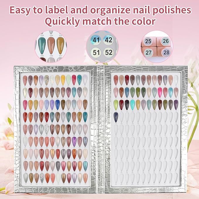 216 Nail Colors Book, Nail Display Chart Book with 240 Nail Tips & 1-300 Number Labels, Professional Nail Color Swatches Book for Nail Polish UV Gel Salon (Silver, Size 01)