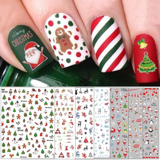 TailaiMei Christmas Nail Decals Stickers, Self-Adhesive Nail Art Decorations, Design for Santa Claus Snowflake Snowman (1366 Pcs, 12Sheets)