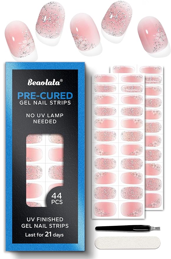 Pre Cured Gel Nail Strips - 44PCS Salon Quality Gel Nail Stickers - Long Lasting Polish Wraps for Women no UV Light Needed Easy Apply & Remove (Sparkle Pink