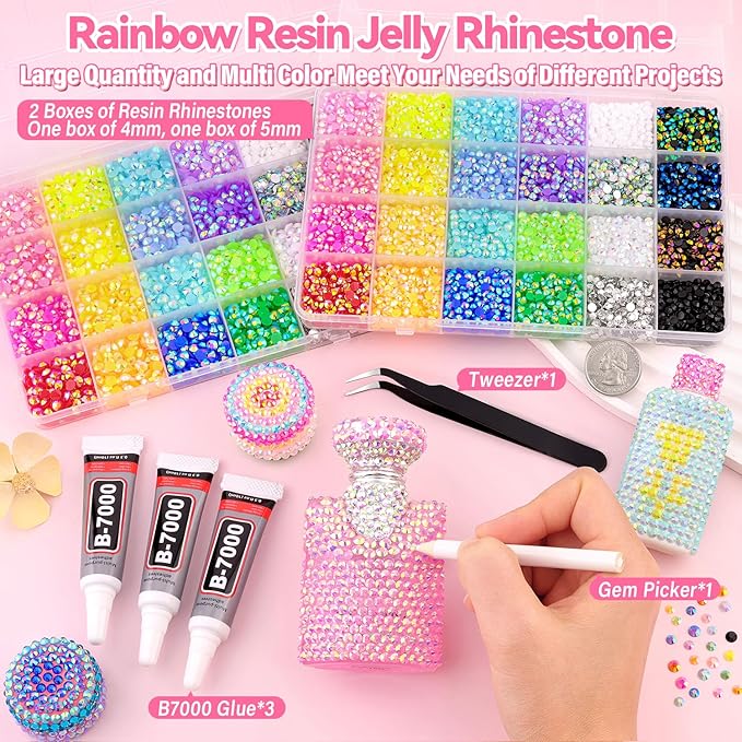 16000Pcs Resin Rhinestones for Bedazzling Kit, 2 Boxes Multicolor 4mm&5mm Bedazzled Crystal, Flatback Gems with 3Pcs 10ml B7000 Jewelry Glue for DIY Crafts Clothing Nail Art Makeup