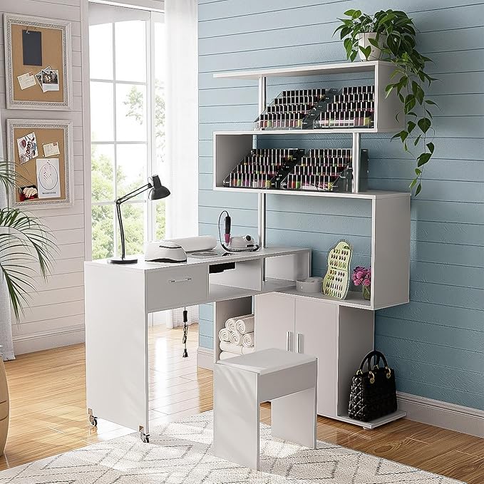 Manicure Table Nail Desk with Dust Collector, L-Shaped Nail Tech Desk with Stool, Two-Way Drawer, Cabinet & Storage Shelves, Rotating Reversible Manicure Workstation on Wheels (White)