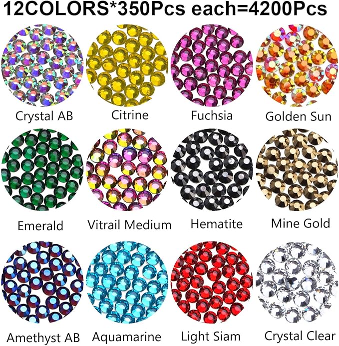4200Pcs Hotfix Rhinestones Round Shape Flatback Crystal Glass Flatback Nail Art (12 Mixed Colors, 3mm SS10)