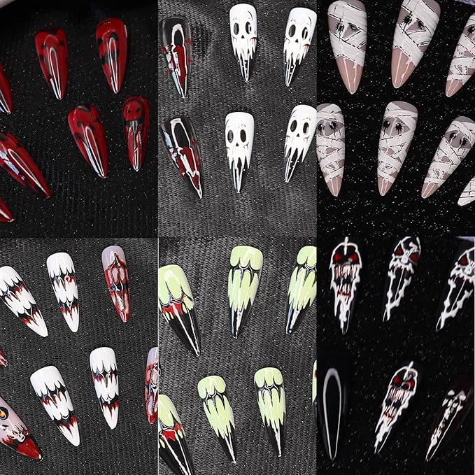 6 Packs 144Pcs Halloween Acrylic Press on Nails Kit, Reusable Full Cover Fake Nails, Stick on Glue on False Nails for Women & Girls