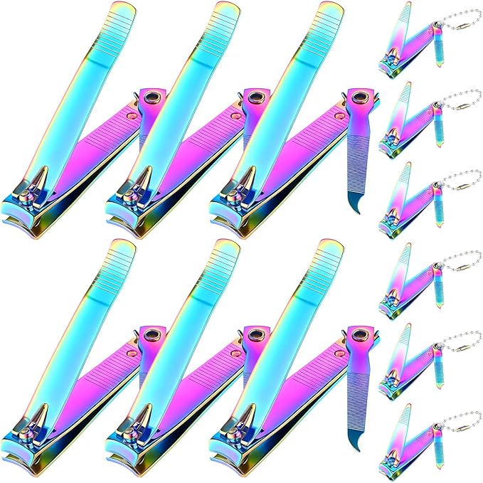 Bememo 12 Pieces Stainless Nail Clippers Set Fingernail and Toenail Clippers Nail Cutter Tool Set for Men and Women (Rainbow)
