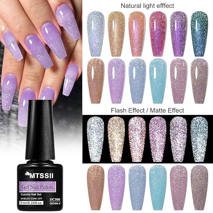 MTSSII Reflective Glitter Gel Nail Polish Set for Christmas Nails 12 Colors Including Pink Purple Silver Holographic Gel Polish Kit UV LED Soak Off Nail Polish Home DIY Manicure Nail Salon Varnish