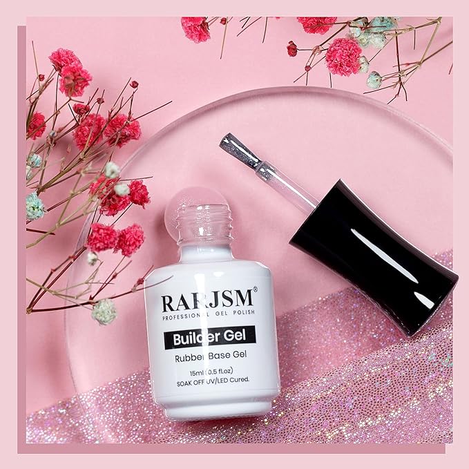 RARJSM Nude Rubber Base Gel Nail Polish Pale Pink Sparkle Silver Glitter Sheer Rubber Base for Nails Brush on Quick Extend Builder Hard Gel Soak Off Curing Requires 15ml Salon Home French Manicure