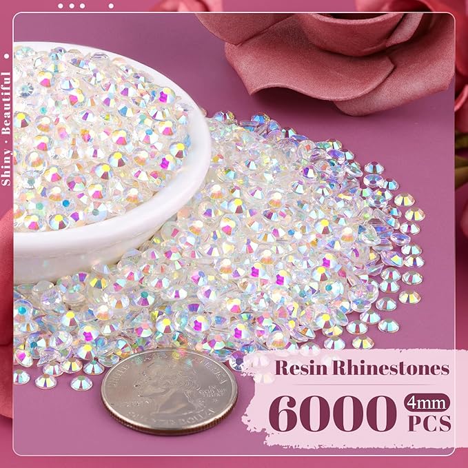 6000PCS 4mm Resin Jelly Rhinestones in Bulk (Transparent AB), Bedazzling Flatback Crystals Rhinestones for Crafting DIY Nail Decoration, Gems Diomand Charms for Tumbler Shoes Clothing Fabric