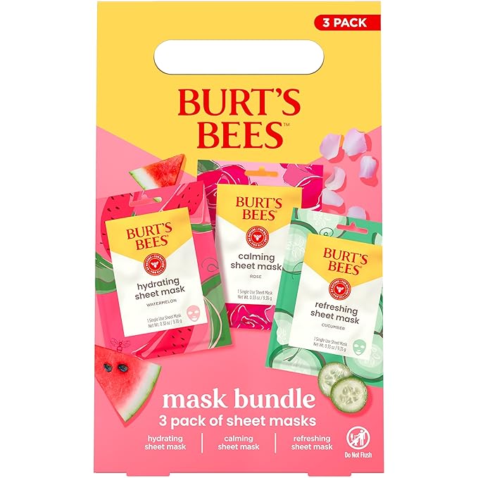 Burt's Bees Face Mask Bundle Set for Valentine's Day, Hydrating Watermelon, Calming Rose, & Refreshing Cucumber, Face Sheet Masks for Single Use Skin Care, 99% Natural Origin, 3 Count, 0.33oz Each