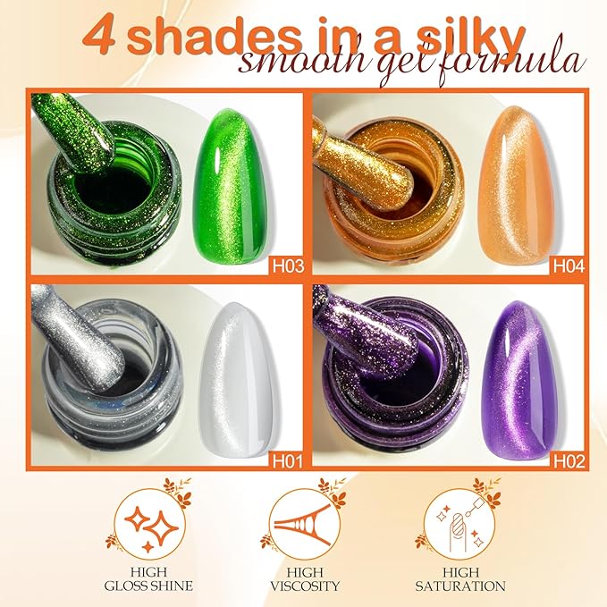 NXJ INFILILA Magnetic Cat Eye Gel Nail Polish Set of 4 Colors 15ML Bottles - Fall Winter Purple Green Silver Orange Sparkle Galaxy Nail Polish Kit for LED/UV Lamp, DIY Nail Art Manicure Supplies
