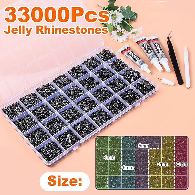 33000Pcs Black Resin Jelly Rhinestones for Bedazzling, 2-6mm Flatback Gems for Diamond Art, Bedazzler Kit with 3Pcs 10ml B7000 Jewelry Glue for Crafting Crafts Book Shoes Nail Art