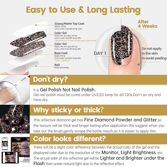 YTD Likomey Reflective Glitter Gel Nail Polish,15ml Brown Flash Diamond Shimmer Nails Gel,Chocolate Glitter Sparkly Shiny Salon Home Fall Winter Manicure UV Color Varnish,SZ014