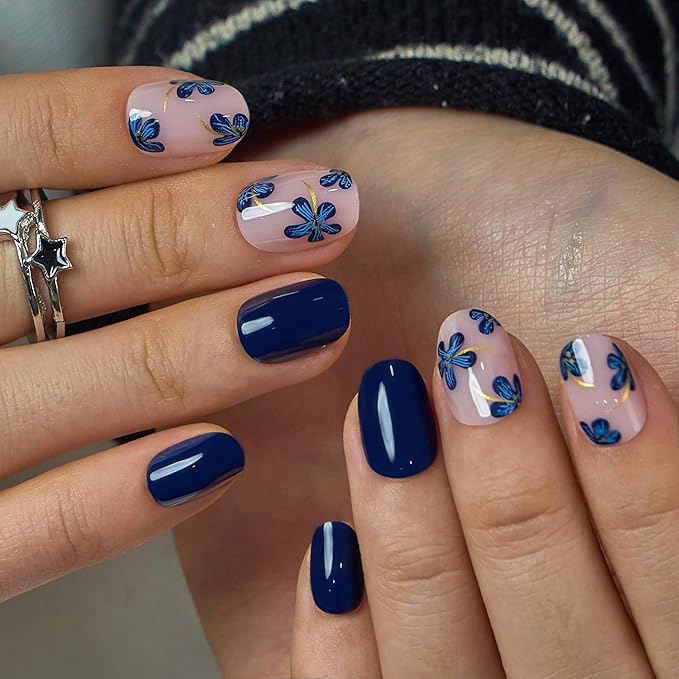 CurvLife Soft Gel Short Press On Nails Square, Long-Lasting Reusable Oval Fake Nails Kit with Glue & Tabs, 30pcs Salon-Quality Stick On Nails for Women At-Home Manicure (Navy Petal)