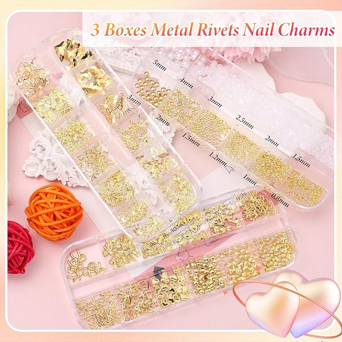 3 Boxes Gold Nail Beads Pearls, Butterfly Bows Alloy Nails Charms Studs, Bowknot Bow Tie Nail Art Jewels, Mix Size Half Round Pearls Carviar Nail Beads Charms Rhinestones for Nails Design DIY Craft