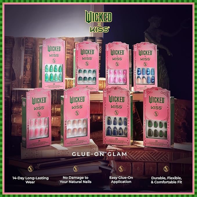 WICKED X KISS Press On Nails, ‘Don't Hide Your Magic’, Green, Short Oval, Waterproof, Chip Proof, Smudge Proof, 28 Fake Nails, Pink Gel Nail Glue (2g), Mini Nail File, & Manicure Stick