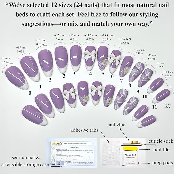 Handmade Press On Nails Medium Almond Pastel Purple with White French Tip, Flower Accents 3D Bow & More. Reusable Soft Gel Nails in 12 Sizes -24 Nail Kit with Glue| Designed in L.A| Lilac Lace