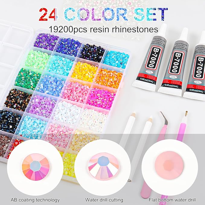 19200Pcs 24 Color Rhinestones for Bedazzling, 3mm Flatback Rhinestones for Diamond Art, Bedazzling kit with 3 x 15ml B7000 Jewellery Glue and 3D Nail Decorations for Nail Art Crafting Book Makeup