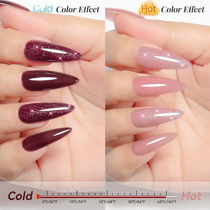 YTD Likomey Gel Nail Polish 2 Pcs Set,15ml Color Changing Nude Pink Burgundy Red and Glitter Nails Gel Kit,Thermal Ombre Change Colors Translucent Salon Manicure Fall Winter UV Color Varnish,0.5 Fl Oz