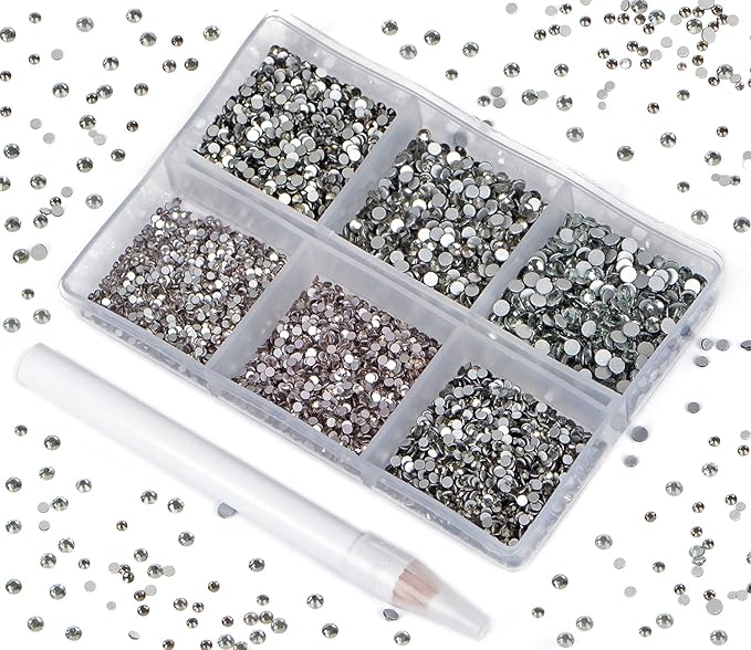 Bymitel 7200 Pieces 6 Mixed Sizes Glue Fix on Glass Rhinestones Round Crystal Gems Flatback for DIY Jewelry Making with one Picking Pen(6-Sizes 7200PCS, Black Diamond)