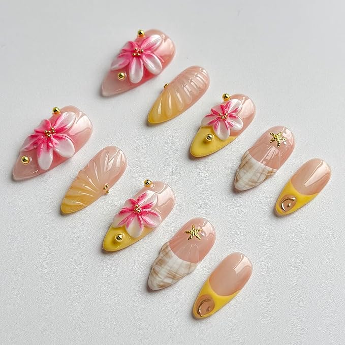 Luxury Press on Nails Medium Almond Handmade 3D Unique Reusable ABS Material Fake Nails French Tip Yellow False Nails with Designs Pink Flower Glossy Glue on Nail Thick Acrylic Nail(S)