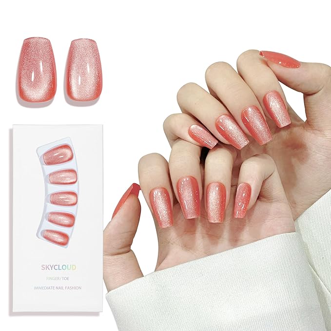 Skycloud Orange Cat Eyes Press On Nails - 24 Pcs Soft Gel Medium Coffin False Nails Kit with Nail Glue, Reusable Stick On Nails for Women and Girls (SK0859)