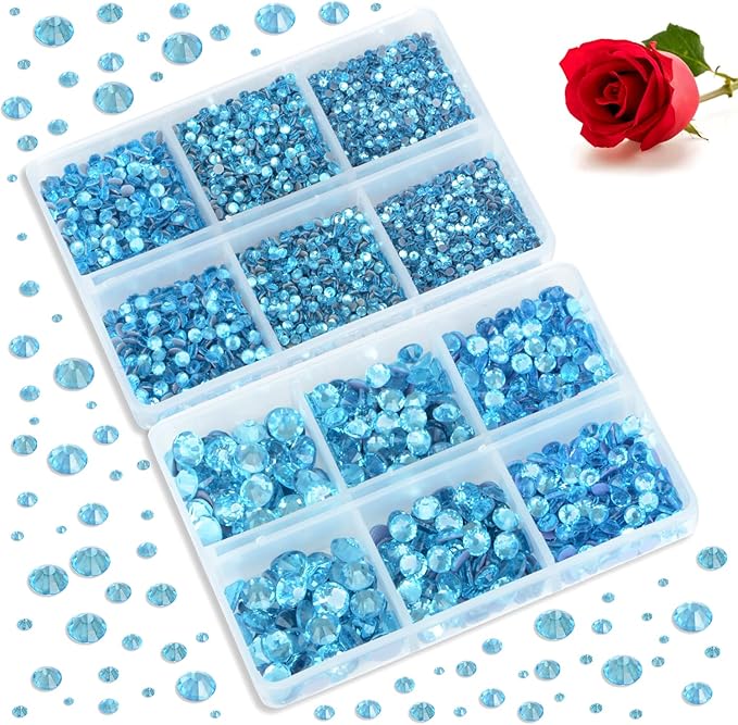 Bymitel Hotfix Crystal Rhinestones Round Gems for Crafts,Mixed 6 Sizes with Wax Pencil Kit, Aquamarine 1.6-6.3mm SS4-SS30/8000pcs