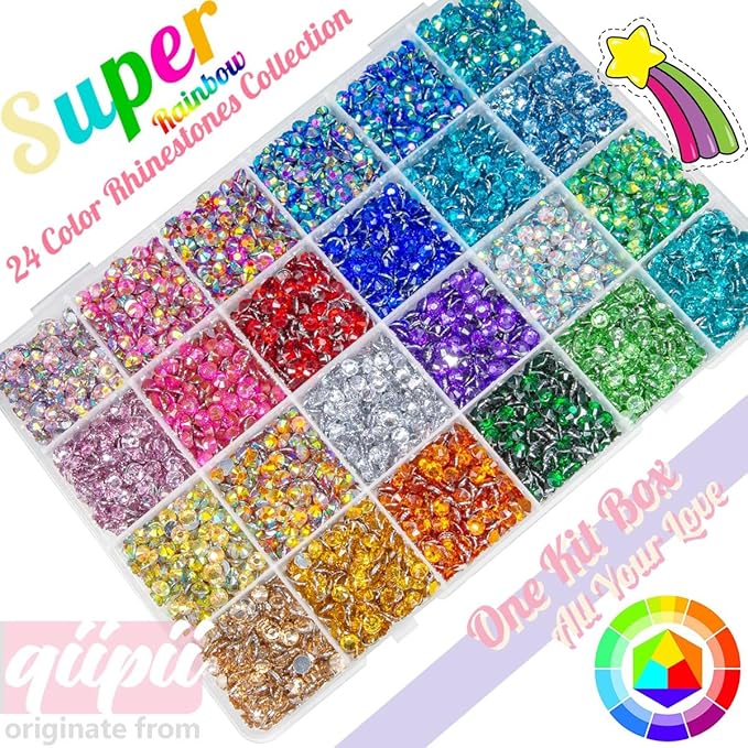 6600Pcs 24 Color 5mm Crystal AB Resin Rhinestones w B7000 Glue for Bedazzling Crafting Colorful Flatback Stones Crystals Gems Diamonds Charms for Nails Eyes Face Makeup Tumblers Bottles Crafts