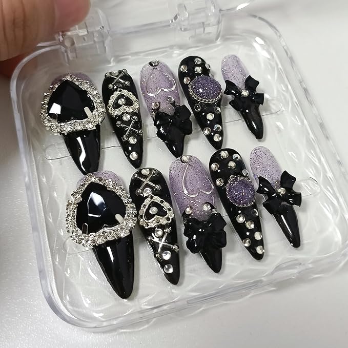 Glam Punk Press on Nails Stiletto Almond Long,3D Heart Rhinestones&Metal Chains Designs,Black Glitter Purple Chrome Nails with Full Cover Micro Gems,Y2K Edgy Girly Streetwear Nails,10pcs L