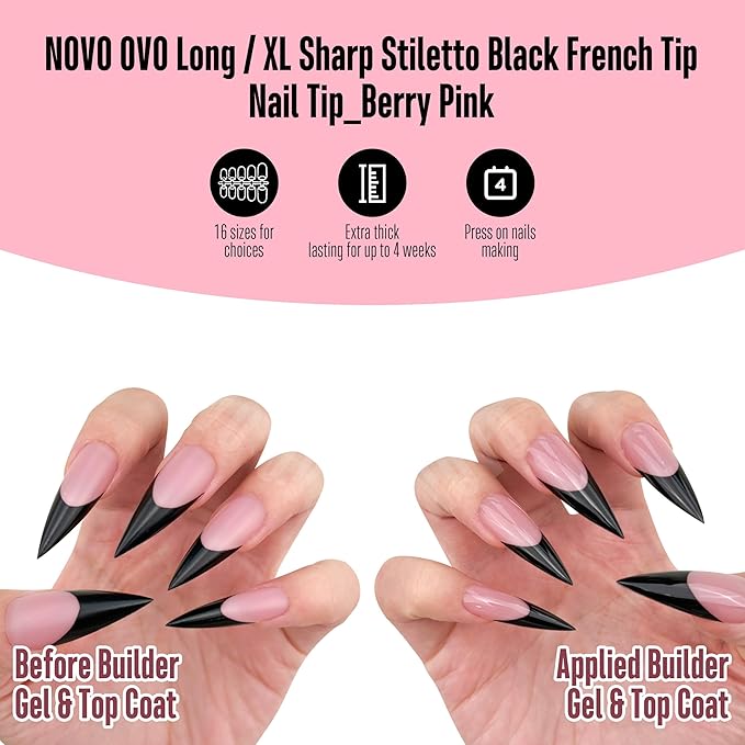 NOVO OVO Black French Tip Long XL Sharp Stiletto Nail Tips Press on BERRY PINK, Soft Gel Double Matte Fake Nail Extension, Full Cover False Nails for Acrylic DIY x 16 Sizes 160 pcs