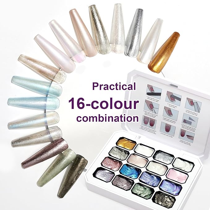 Gradient Painting Gel, 16 Gliter Colors Ombre Gel Nail Polish for Pigment Pat Silver&Gold Pink Blue Aurora color Bright Nails, French Manicure DIY Nail Art No-wipe Palette for Women