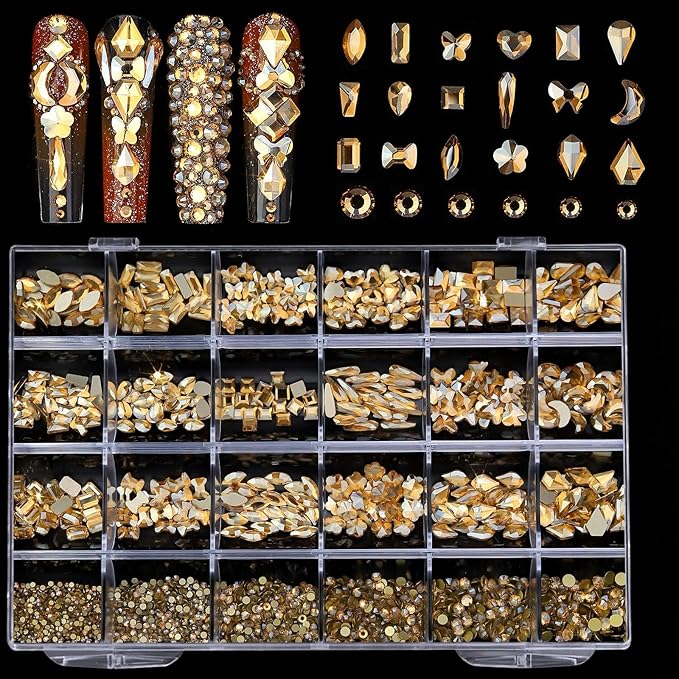 Champagne Nail Rhinestones, 5380Pcs Flatback Gold Glass Charms Gems Stones, 24 Grids 19 Types of Shaped Nail Art Rhinestones Kit with Tweezers, 6 Sizes for Face Decoration