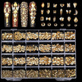 Champagne Nail Rhinestones, 5380Pcs Flatback Gold Glass Charms Gems Stones, 24 Grids 19 Types of Shaped Nail Art Rhinestones Kit with Tweezers, 6 Sizes for Face Decoration