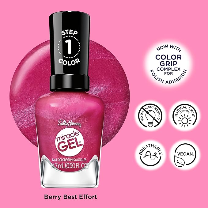 Sally Hansen Miracle Gel Supercharged Pinks Nail Polish | Salon Quality Gel-Like Formula, Two-Step System, No UV Light Needed, Long Lasting | 531 Berry Best Effort | Berry Pink Pearl Nail Color