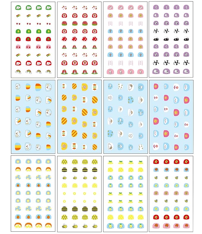 Little Kids Nail Stickers Full Nail Wraps Self Adhesive Nail Polish Decals for Kids Girls Nail Art Decoration Fun Including Rainbow Flower Cow Fruit Food Star Cloud Bee for Age 3 4 5 6 7 8(Pack of 12)