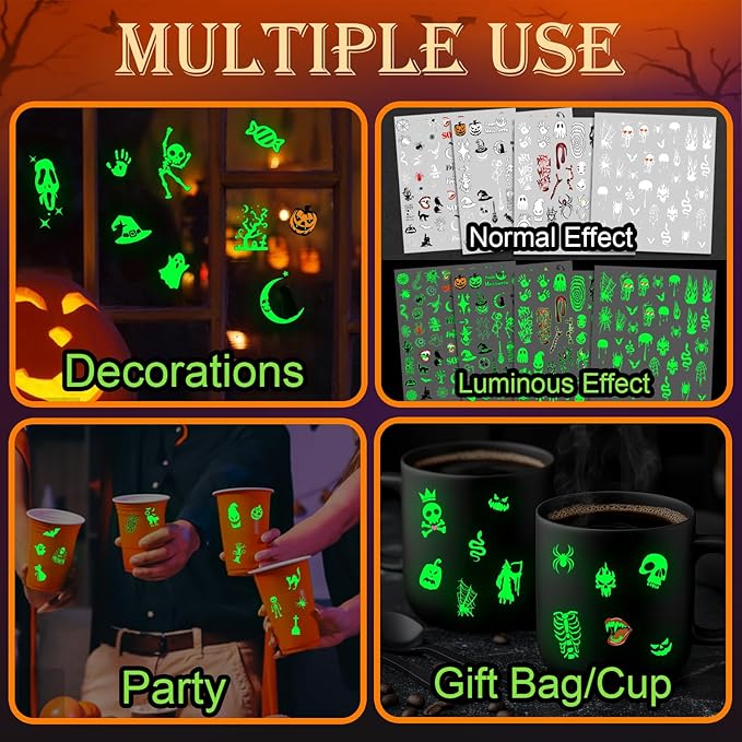 Glow Halloween Nail Art Stickers, Luminous Nail Sticker Decals for Girl Women, Scary Skull Bat Pumpkin Ghost Cat Words Nail Stickers for Nail Art Kids Party Gifts Decoration Self-Adhesive, 9 Sheets
