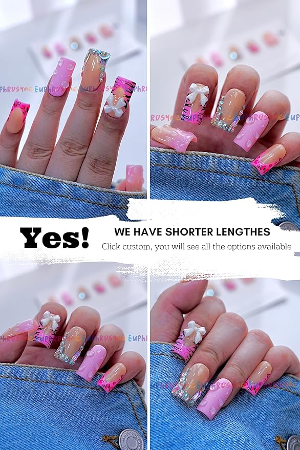 Y2K Press On Nails – 10pcs Pink Nude Ombre Fake Nails with Zebra Print, Leopard Design & Rhinestone Charms – Medium Square Cute Stick On Nails for Women and Teen Girls – Euphrosyne